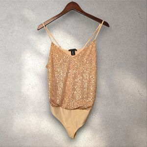 L - Rose Gold Sequin V-Neck Tank Top Bodysuit by Sincerely Jules